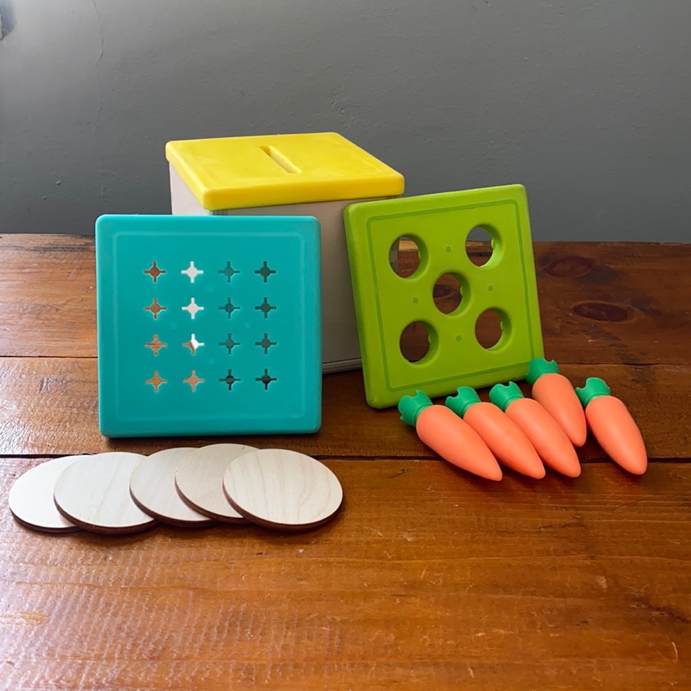 Lovevery Wooden Coin bank with carrot and posting lids